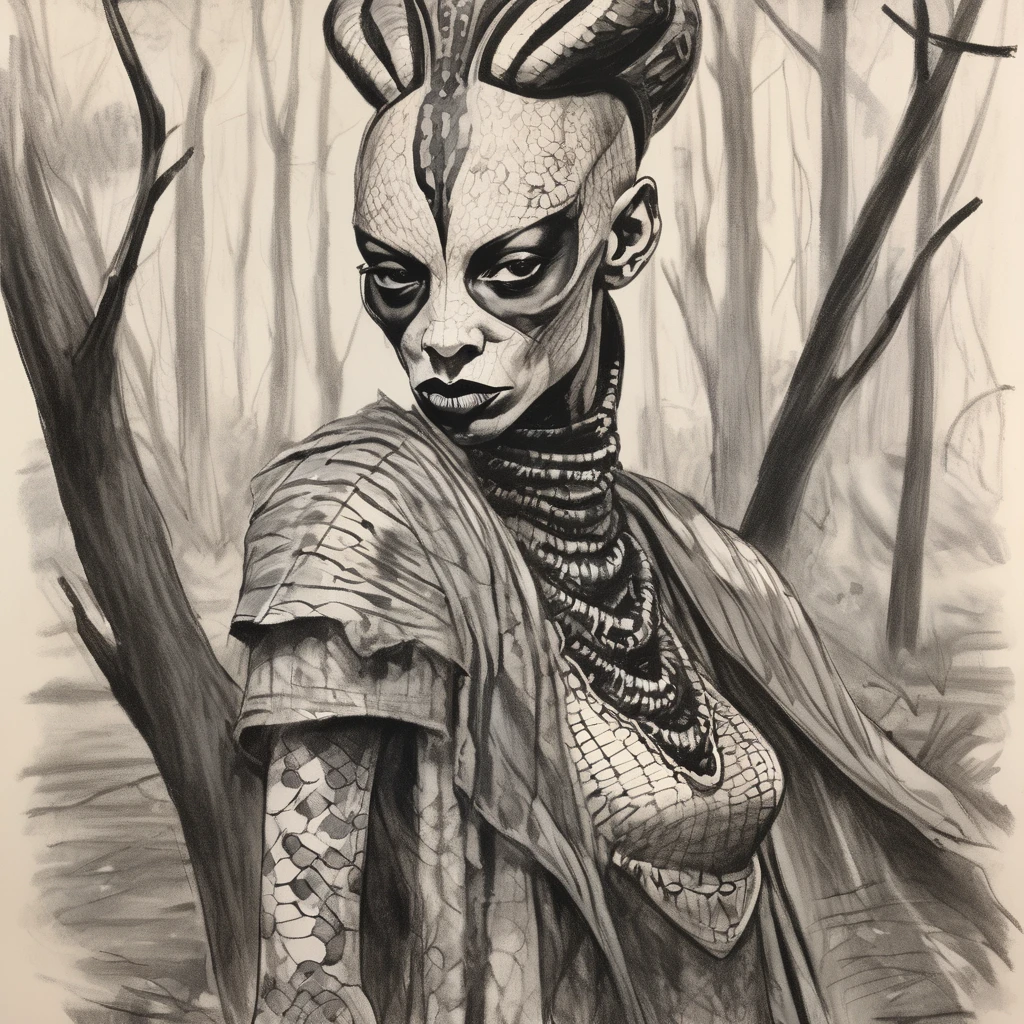 An expressive unfinished sketch featuring a hairless figure in a maxi dress. The figure has snakes on their head with accurate snake bodies, snake scales, and a snake tail rattle. The drawing includes ornate corpsepaint blackmetal facepaint, resembling Grace Jones. The style blends the art aesthetics of Sean Gordon Murphy and Joelle Jones with a rough sketch charcoal art style. The sketch shows rough-draft pencil lines underneath with bold lines over a rough-sketch inking, using an ink and charcoal blend. The scene is set in the pine barrens with sparse trees, emphasizing a candid, sorrowful expression. The sketch uses angular and expressive lines in an incomplete, unfinished style, evoking a sense of decay. Colors include red, yellow, and blue (RYB coloring). --no polished --no clean --no detailed --no smooth --no refined
