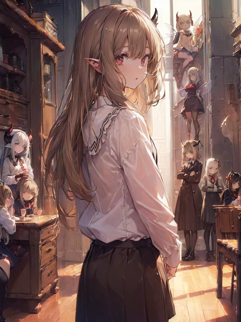 ((((((five girls)))))), school, class, (black hair), blond, (((light brown))), standing, silver, short, long, face, (((monster girls, beast girls, devil, demon, fairy)))