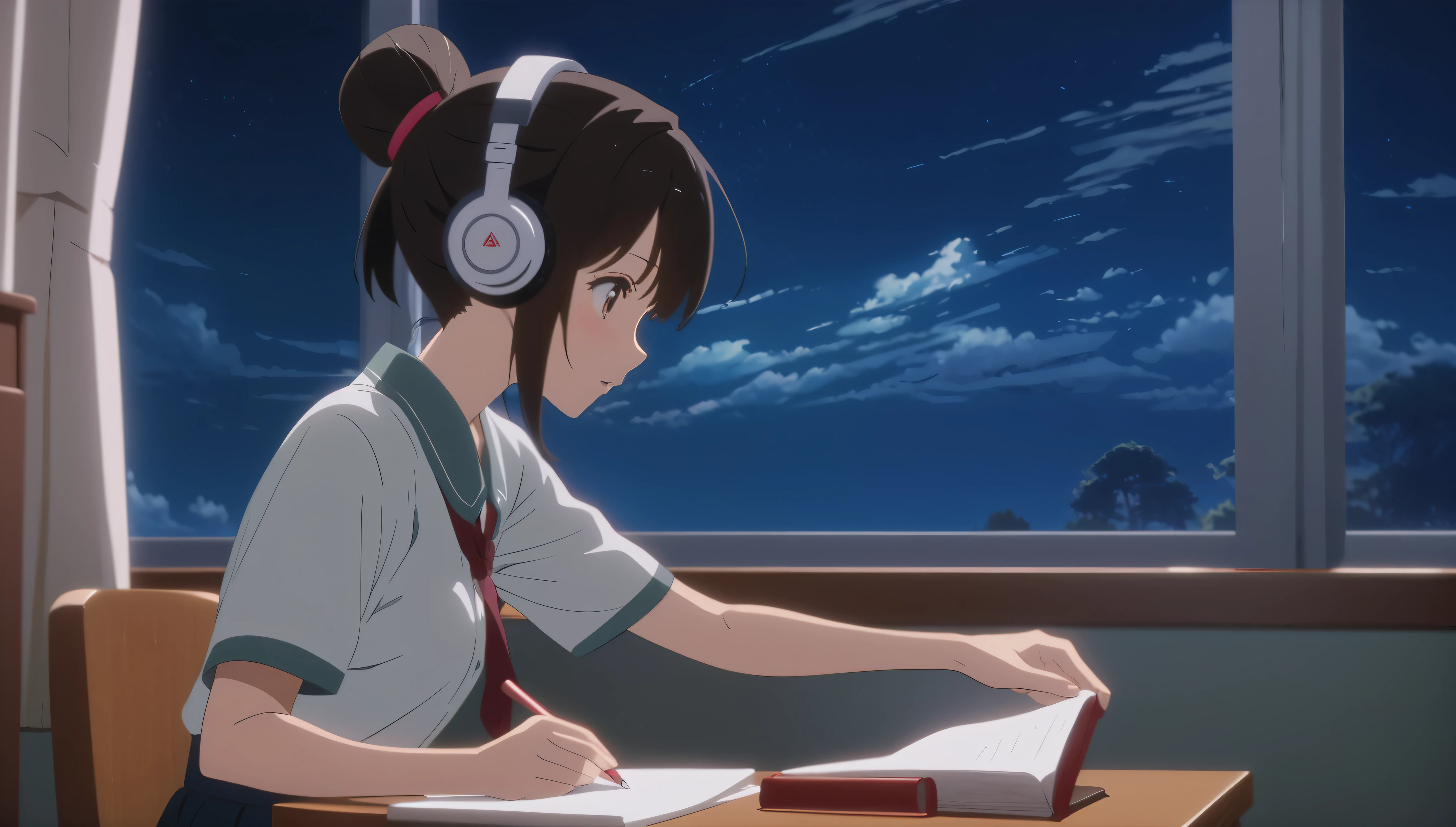 Anime girl sitting at a desk writing with headphones on, yourname movie style, Kyoto Animation stills, yourname, Makoto Shinkai style, Kyoto Animation Style, Anime movie stills, Makoto Shinkai art style, Today's featured anime is still, Anime movie screenshots, Anime movie screenshots, From the TV anime, Makoto Shinkai!