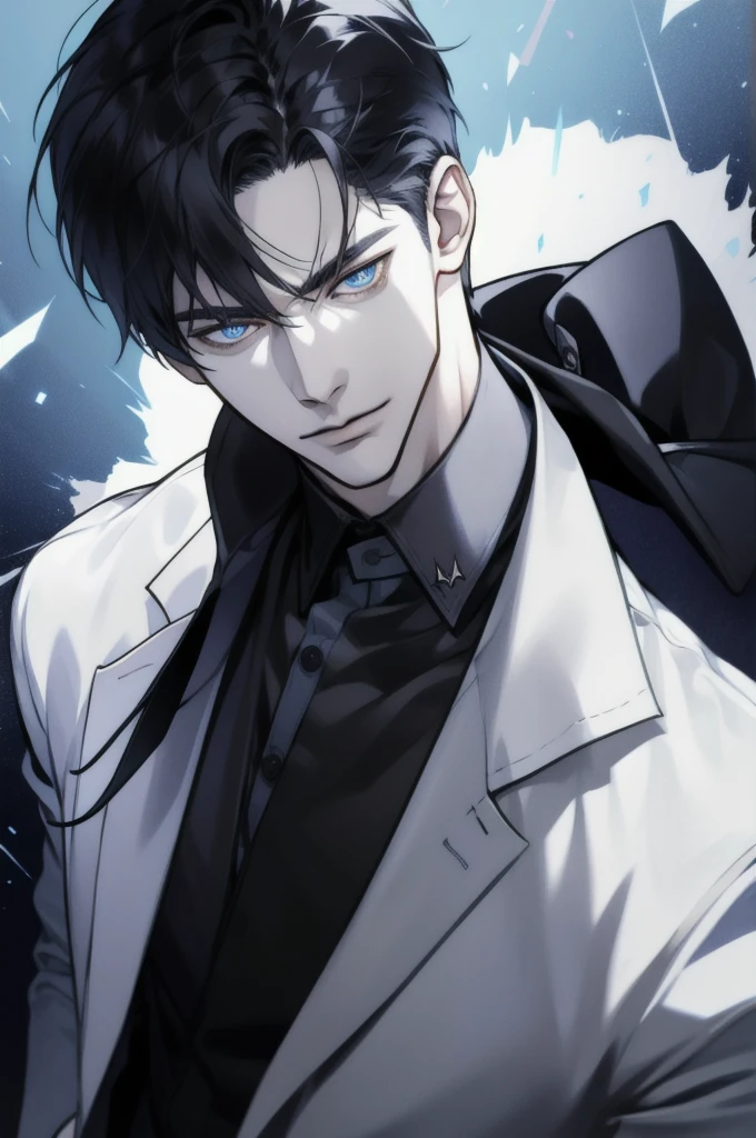 handsome man wearing fancy clothes, portrait, manhwa style, black hair, blue eyes, cool, lighting