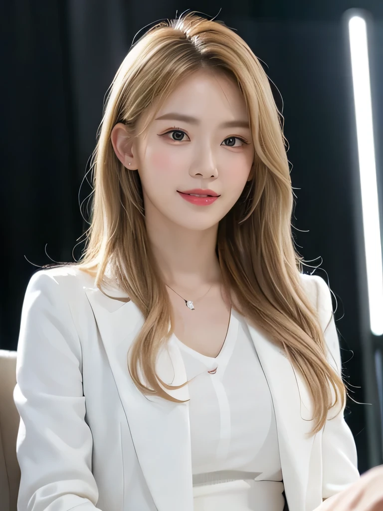 (8,000; Best Quality: 1.2), (Realistic, Realistic: 1.2), Lovely, Solo, Sky is Beautiful and Clear, Night, Moisture, Watching the Audience, (Sit: 1.5) Date, Mirai, (Nose Brush), (Smile: 1.15), Delicate eye (Deep Blonde: 1), Floating Hair Nova FrogStyle, White Suit Jacket, Burton T-shirt, Beige Pleats Skirt, Makeup, Lover's Smile, 35 years old, Beautiful (8,000, Yes, RAW Photo: 1.2, Random body orientation,