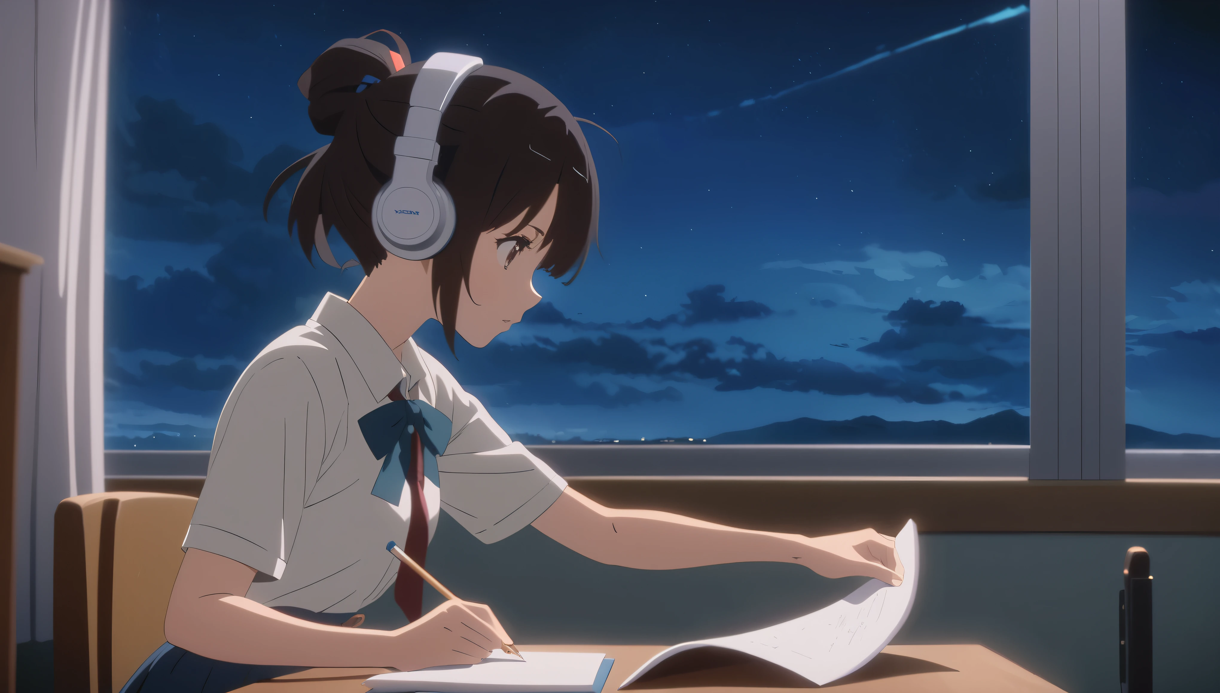 Anime girl sitting at a desk writing with headphones on, yourname movie style, Kyoto Animation stills, yourname, Makoto Shinkai style, Kyoto Animation Style, Anime movie stills, Makoto Shinkai art style, Today's featured anime is still, Anime movie screenshots, Anime movie screenshots, From the TV anime, Makoto Shinkai!