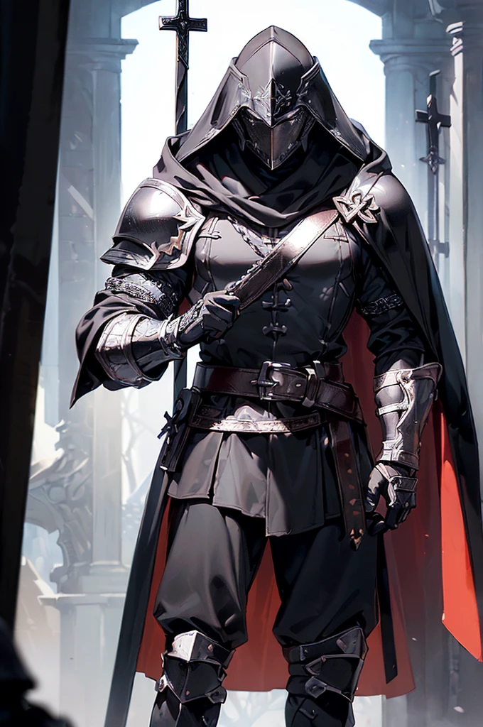 (masterpiece; best quality: 1.2), ((1 man)), ((solo)), (black eyes: 1.4), (body shape; toned, lean, masculine: 1.3), (beautiful and clear background: 1.2), ((depth of field)), (equipment: templar + surcoat with cross + chainmail shirt + closed helmet + leather gloves + greaves + black cloak : 1.3), (anime illustration: 1.2), (background composition; garden + plants: 1.1), (shot composition; standing + centered on torso + close-up: 1.5)