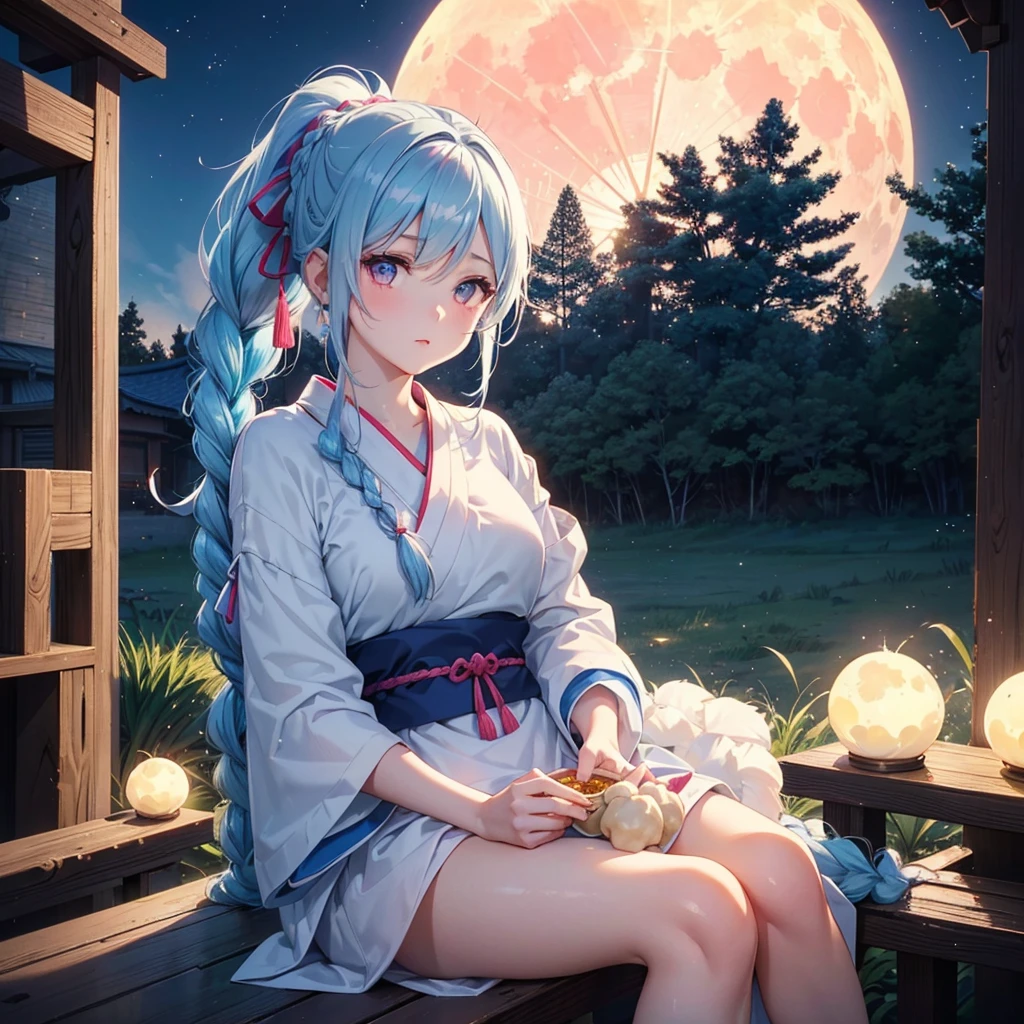 Sky blue hair, (Braided Ponytail:1.2), Pink eyes,Fair skin ,(whole body),(One Girl),Tsukimi,(White sweet dumplings ),White round dumplings,Japanese pampas grass,(beautiful, Full moon shining in the night sky),(masterpiece, Highest quality, Very detailed, Best Shadow), (Detailed Background), (Beautifully detailed face), High Contrast, (Best lighting, Very delicate and beautiful), ((Cinematic Light)), colorful, Hyper Detail,8k, Dramatic Light, Intricate details,Sit and eat dumplings while watching the moon,(Shadow of a rabbit on the moon),mysterious