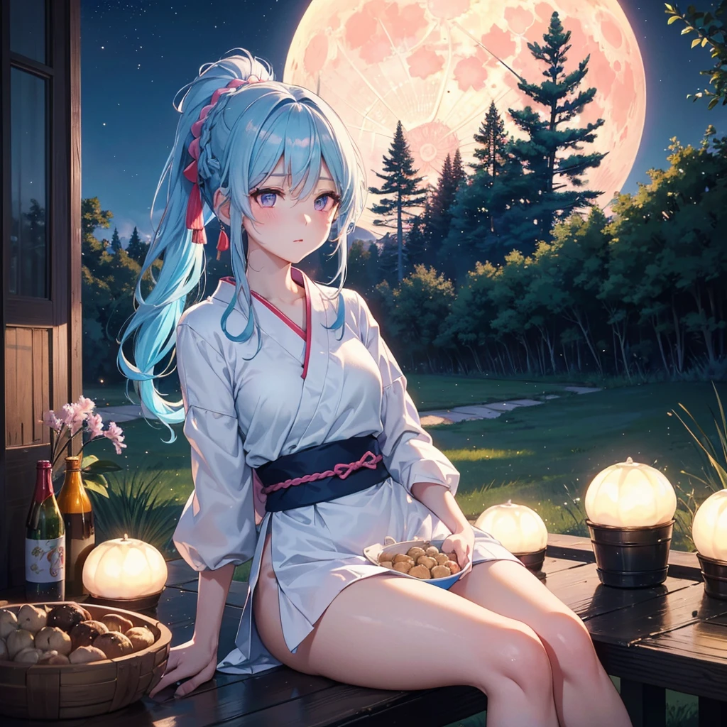 Sky blue hair, (Braided Ponytail:1.2), Pink eyes,Fair skin ,(whole body),(One Girl),Tsukimi,(White sweet dumplings ),White round dumplings,Japanese pampas grass,(beautiful, Full moon shining in the night sky),(masterpiece, Highest quality, Very detailed, Best Shadow), (Detailed Background), (Beautifully detailed face), High Contrast, (Best lighting, Very delicate and beautiful), ((Cinematic Light)), colorful, Hyper Detail,8k, Dramatic Light, Intricate details,Sit and eat dumplings while watching the moon,(Shadow of a rabbit on the moon),mysterious