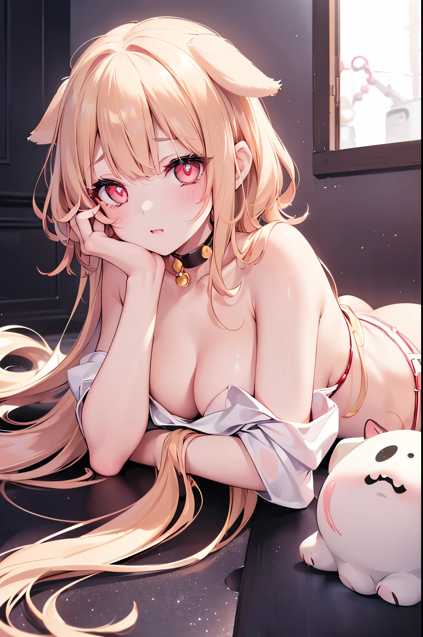 One girl、A little sexy、Blonde、Red sparkling eyes、detailed cute eyes,(glowing eyes:1.4),laugh heartily,((Droopy eyes))、Mole on left cheek,Medium Curl Hair、Dog ears、Lying down、Golden Room、pearls choker,sensual pose,