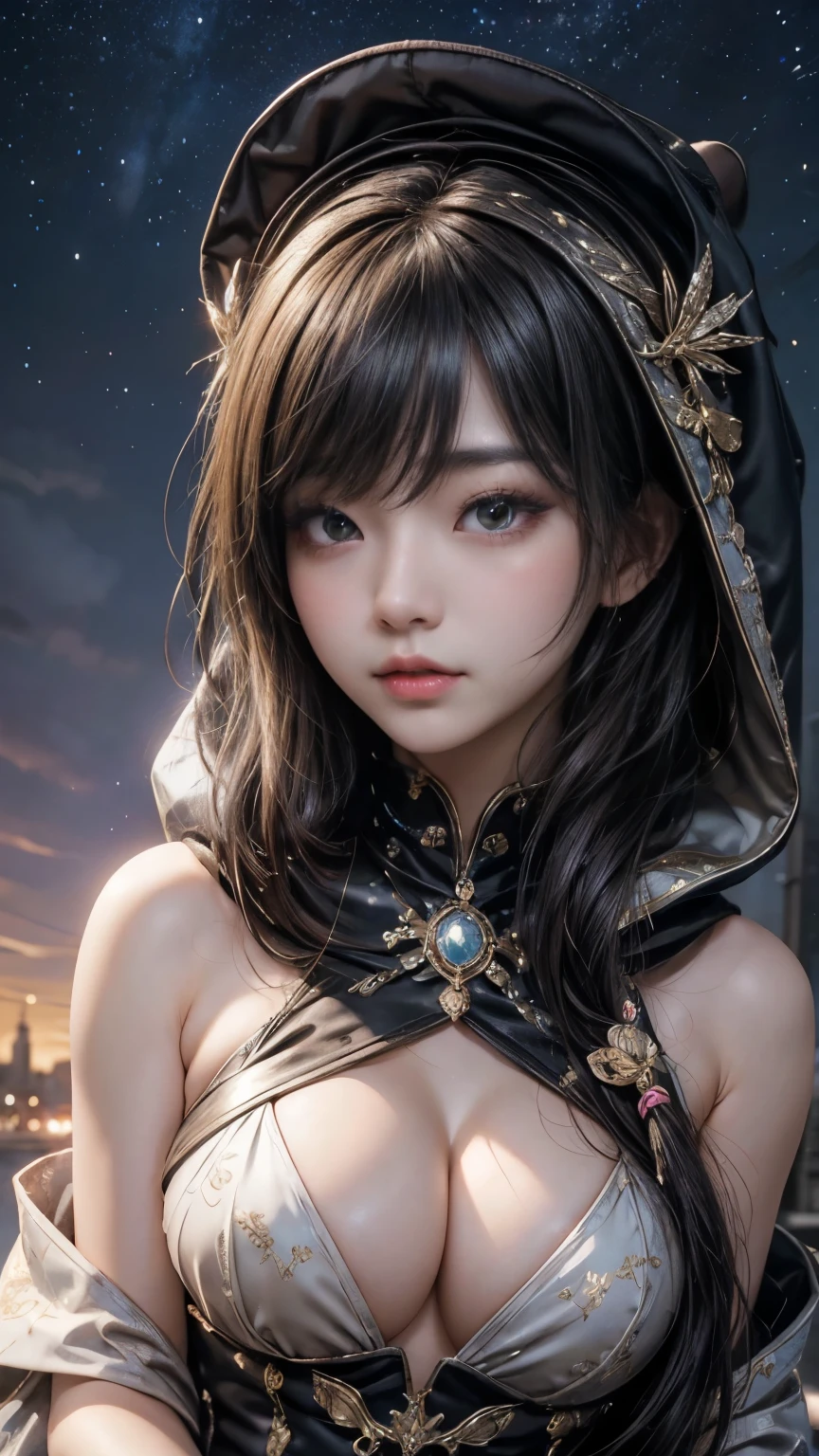 (最高qualityのディテール)、Realistic、8K Ultra HD、High resolution、(One Girl:1.2),(Fatal Beauty,Attractive beauty) ,(A supple and powerful physique),(Sensual charm),(Mysterious charm:1.1),(Captivating silhouette),The 超detailedな、高qualityのテクスチャ、複雑なdetailed、detailed、非常にdetailedなCG、高qualityの影、detailed 美しく繊細な顔、detailed 美しく繊細な目、Written boundary depth、Ray Tracing、20th Generation、Cute K-Pop Girls、(The Face of Ulzan in Korea)、Thin face、(Urzan-6500-v1.1:0.6)、PurerosFace_v1、Glowing Eyes、Perfect body、 Viewer Display、(最高qualityのディテール:1.2)、Realistic、8K Ultra HD、High resolution、Close-up of a woman， realistic girl rendering, 8k artistic german bokeh, Enchanting girl, Real Girls, Gurwitz, Gurwitz-style artwork, Girl Roleplay, Realistic 3D style, cgstation Popular Topics,, 8K Portrait Rendering,（truth，truth：1.4），(Sparkling eyes girl:1.2)、The 超detailedな、高qualityのテクスチャ、複雑なdetailed、detailed、非常にdetailedなCG、高qualityの影、detailed 美しく繊細な顔、detailed 美しく繊細な目、Written boundary depth、Ray Tracing、20th Generation、Cute K-Pop Girls、(The Face of Ulzan in Korea)、Thin face、(Urzan-6500-v1.1:0.6)、cheek、Glossy Lips、Big Breasts、High resolution, Best image quality, 最高quality, Realistic, 超detailedな, Photo realistic, 4K 8K Ultra HD Full Color RAW Photos, Fujifilm(Medium format), Hasselblad, Carl Zeiss, Incredible dynamic range photography(utility_art：Smooth-768:1.1),High resolution, High pixel count, 明確なdetailed, Clear images, Natural color reproduction, Noise Reduction, High fidelity, quality, Software Improvements, Upscaling, Optimized Algorithms, Professional-level retouching, Browsing Caution、(((Too much exposed skin)))、(((Big Breasts)))、fortune teller、astrologer、(((A magnificent starry sky in the background)))、(((It has a hood、A burgundy robe intricately decorated with beautiful details)))、((Horoscope))、(((fortune teller)))、Long black hair、((Blunt bangs))、Cowboy Shot、(((Please hold your hand over the crystal ball on the table.)))、Fancy Necklace、Lace gloves、