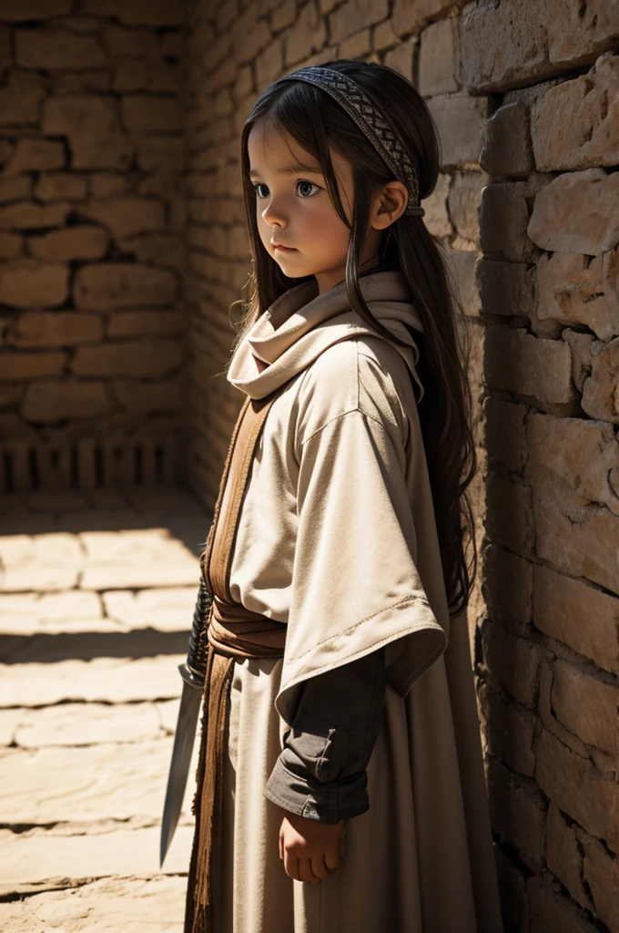 small child long hair standing  cowl  headband on forehead small room guarding protecting standing next to wall watching area no emotions sword on her back