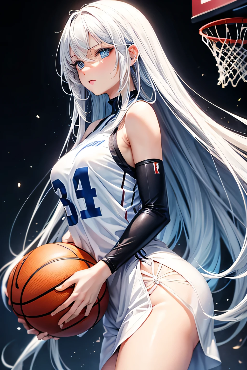 Woman, beautiful woman, blue eyes, long white hair, basketball