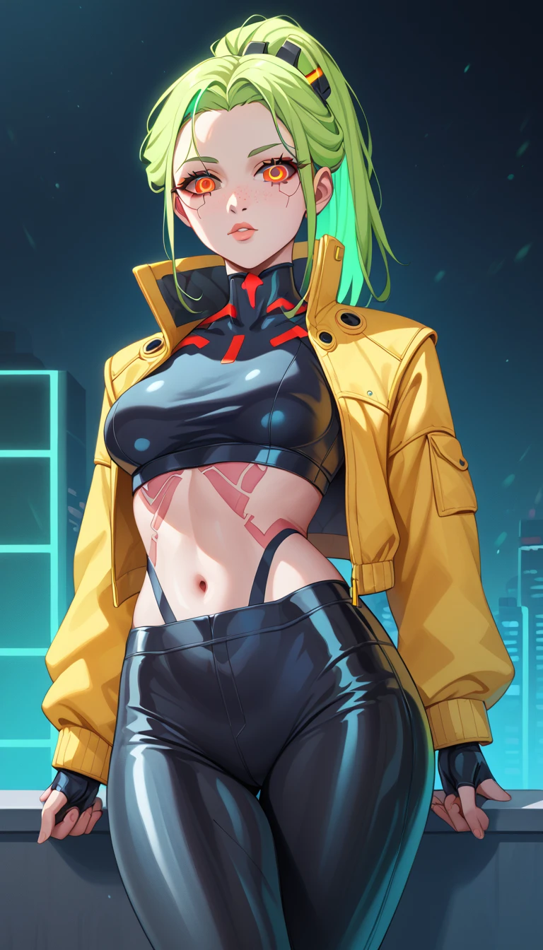 1 Girl, Medium Breasts, Golden Yellow Hair, Lots Light Green Highlights In The hair, Red Eyes, Neon Eyes, Nice Eyes, Ponytail Hair Style, Freckles, Nice Lips, Nice Nose, Pale White Skin, Smooth Skin, Cyberpunk Style, Cyberpunk Clothes, NIghtcity Background, Neon Colors, Yellow Leather Jacket, Black Latex Pants, Black Latex Crop Top