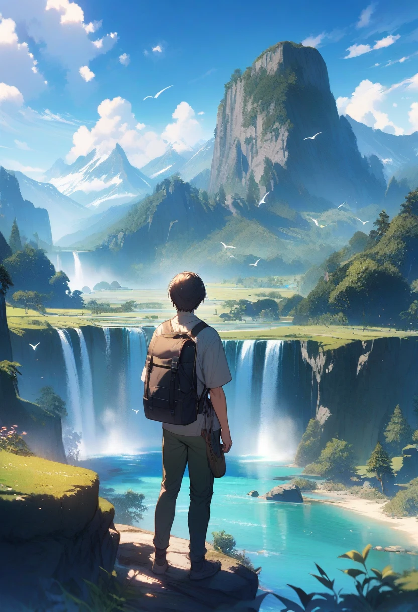 solo, short hair, 1boy, standing, male focus, outdoors, sky, day, pants, cloud, water, bag, from behind, blue sky, bird, scenery, mountain, fantasy, waterfall, landscape, cliff