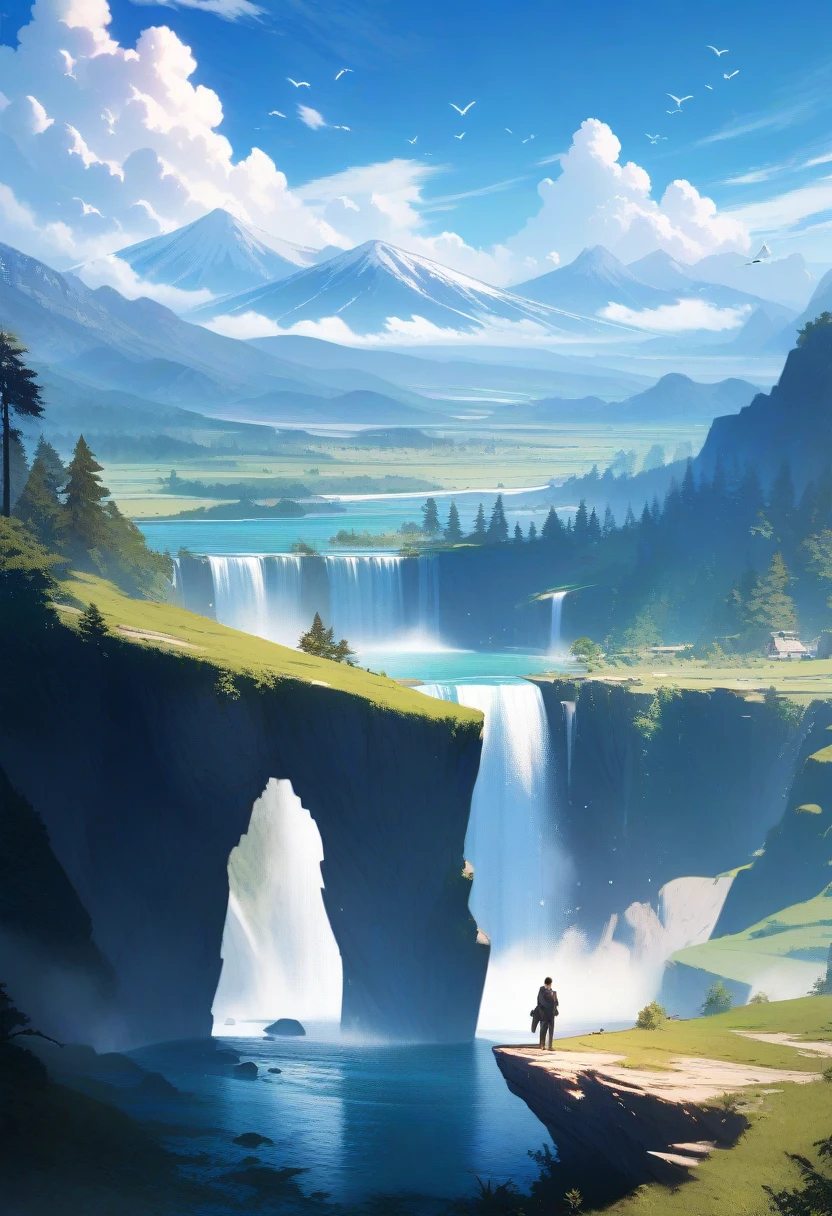 solo, short hair, 1boy, standing, male focus, outdoors, sky, day, pants, cloud, water, bag, from behind, blue sky, bird, scenery, mountain, fantasy, waterfall, landscape, cliff