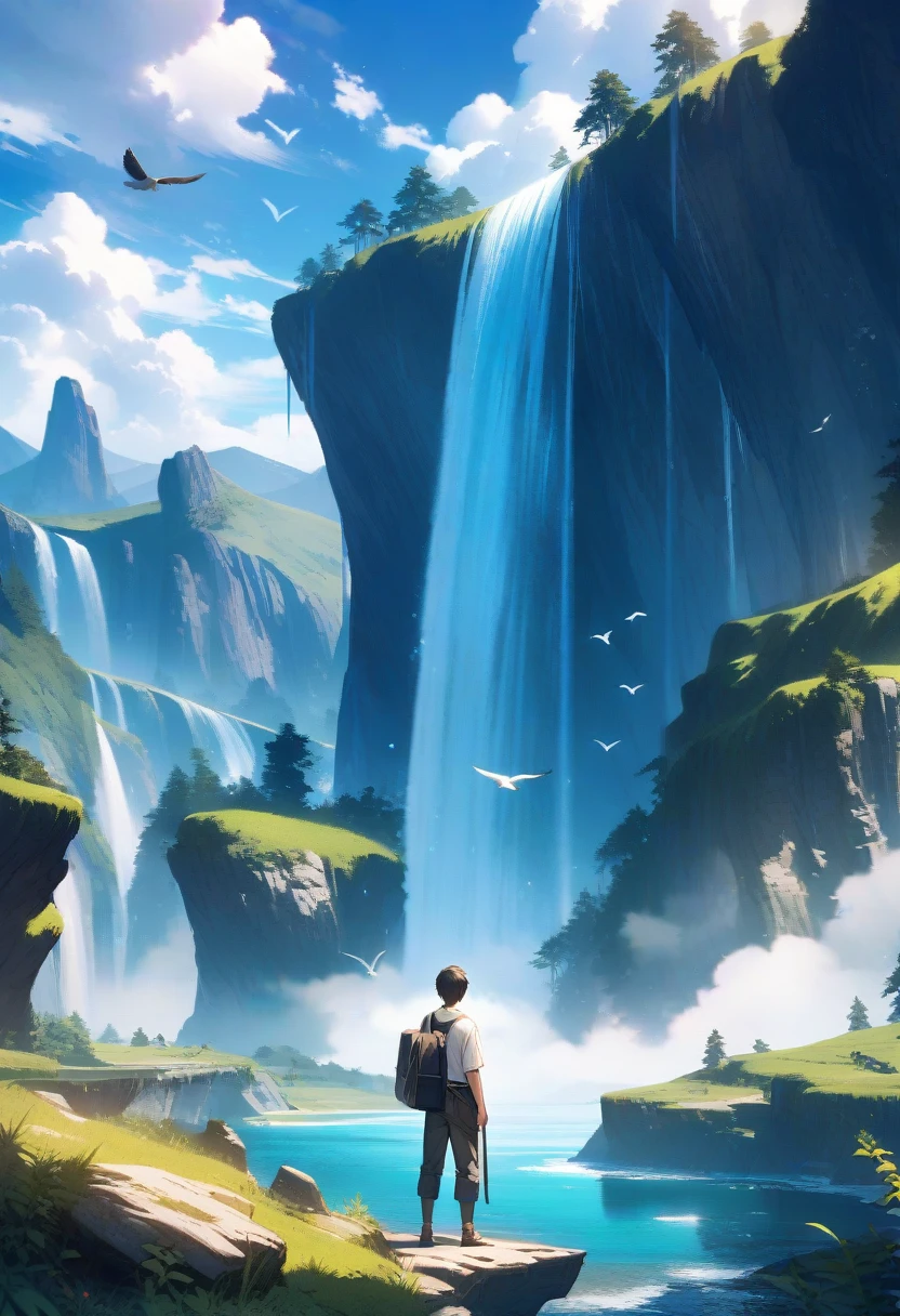 solo, short hair, 1boy, standing, male focus, outdoors, sky, day, pants, cloud, water, bag, from behind, blue sky, bird, scenery, mountain, fantasy, waterfall, landscape, cliff