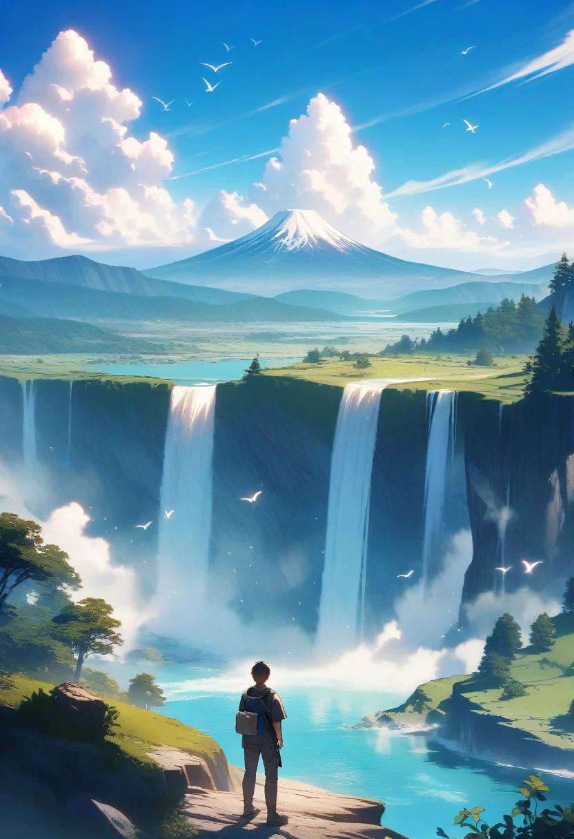 solo, short hair, 1boy, standing, male focus, outdoors, sky, day, pants, cloud, water, bag, from behind, blue sky, bird, scenery, mountain, fantasy, waterfall, landscape, cliff