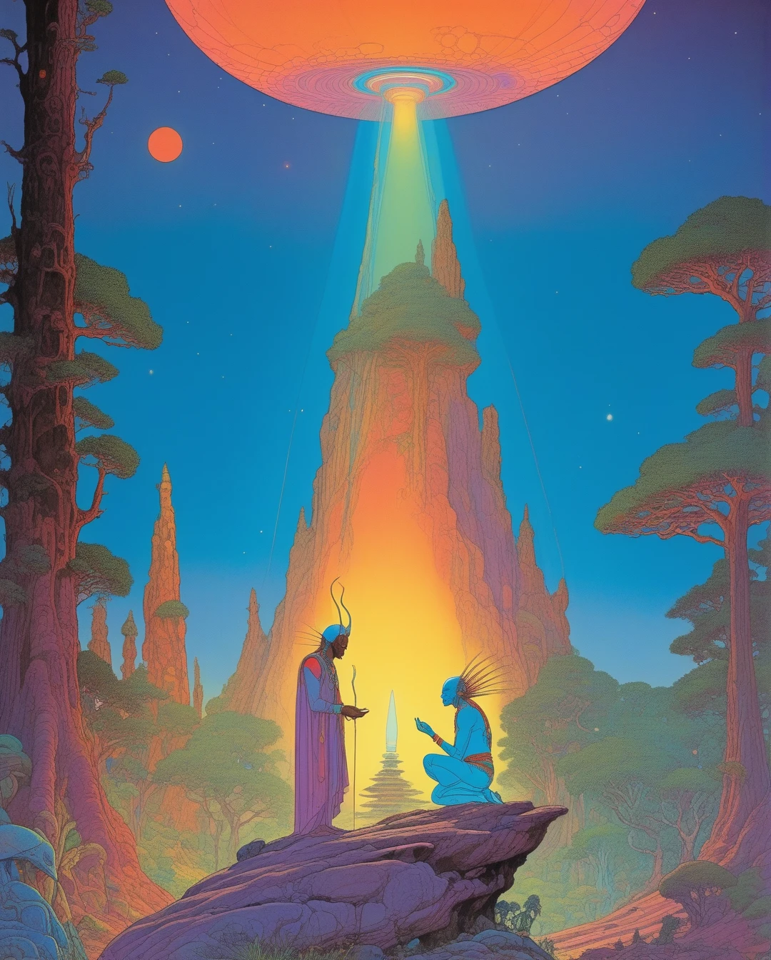 Moebius (Jean Giraud) Style - A spectacular composition by Jean Giraud Moebius, ((masterpiece)), ((best quality)), (highest quality masterpiece), (masterpiece), (masterpiece, best quality), in a futuristic theme. An awe-inspiring illustration of an alien shaman performing a ritual, digital art, featuring rainbow colors, detailed ceremonial attire, and a mystical forest in the background. Sleek, modern, ultramodern, high-tech elements with glowing tattoos. PsyAI, Psychedelic, Visionary art, DMT, and LSD style by Moebius.