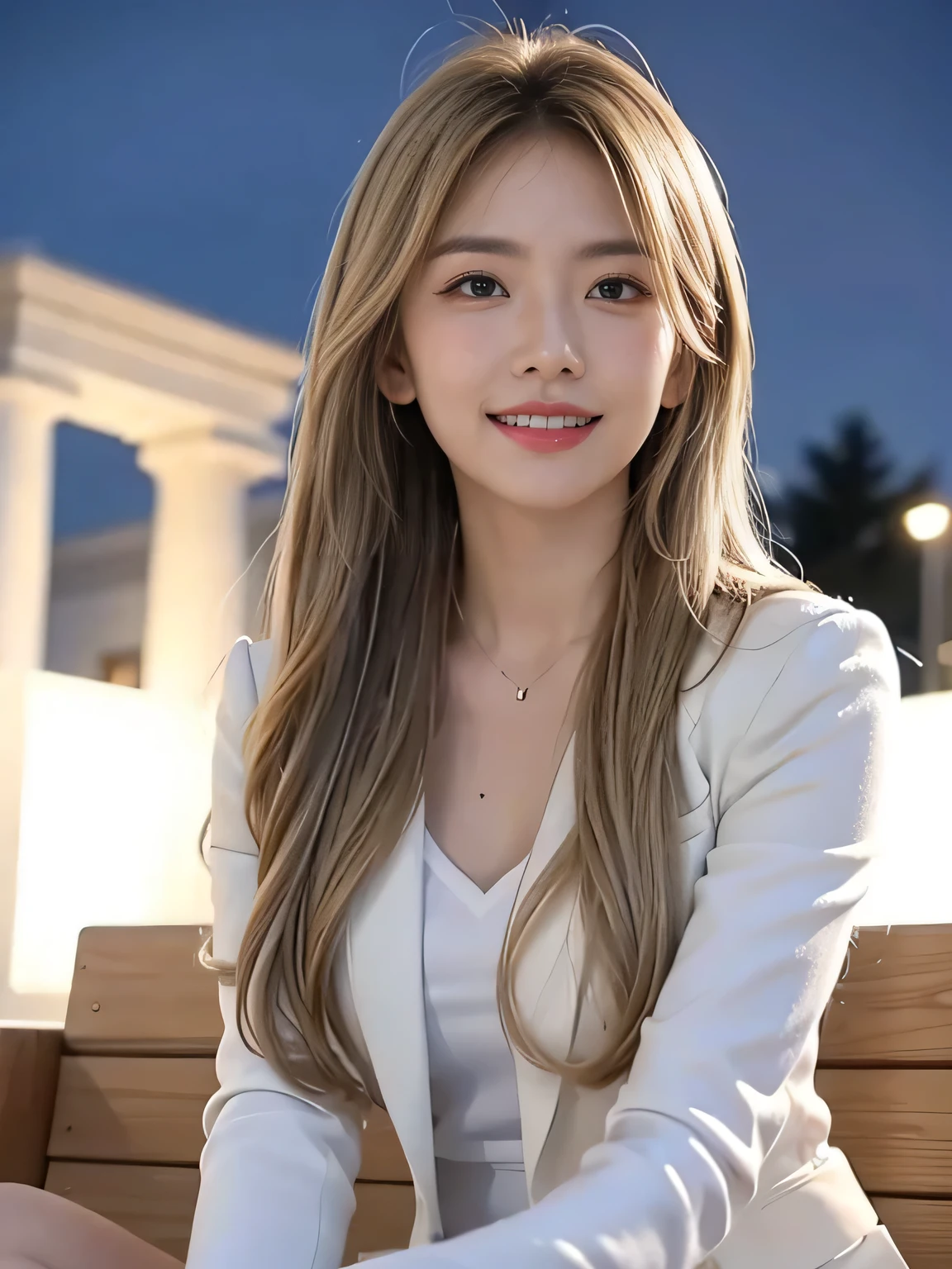 (8,000; Best Quality: 1.2), (Realistic, Realistic: 1.2), Lovely, Solo, Sky is Beautiful and Clear, Night, Moisture, Watching the Audience, (Sit: 1.5) Date, Mirai, (Nose Brush), (Smile: 1.15), Delicate eye (Deep Blonde: 1), Floating Hair Nova FrogStyle, White Suit Jacket, Burton T-shirt, Beige Pleats Skirt, Makeup, Lover's Smile, 35 years old, Beautiful (8,000, Yes, RAW Photo: 1.2, Random body orientation,