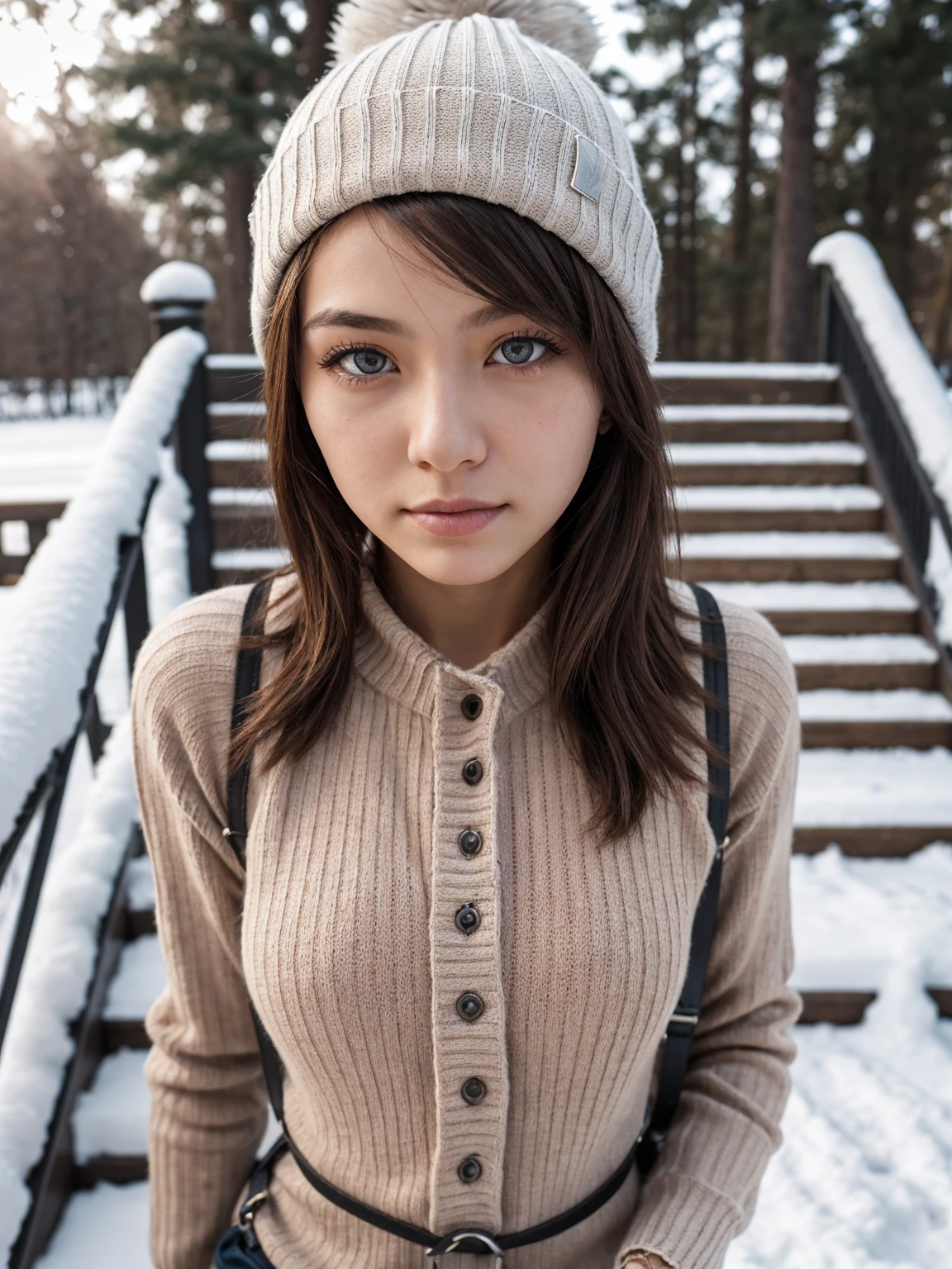 1 woman,Thoroughness, analog style, eye focus, best quality, (very detailed skin), Photo of an exquisitely beautiful pale skin punk Dutch girl, 21 years old, (Wearing Harness, flowing sweater, and beanie), perfect face, alluring eyes, [Seductive makeup], skin pores, (piercing:0.5), outdoor covered in snow, in front of the stairs, (bokeh:0.6), sharp focus, dappled lighting, (backlight:0.7), film grain, Sony A7R IV로 촬영, 18mmF/1.7 Cine Lens, (very detailed, intricately detailed), 8K, HDR, Posing seductively, front view, (upper body:0.9)