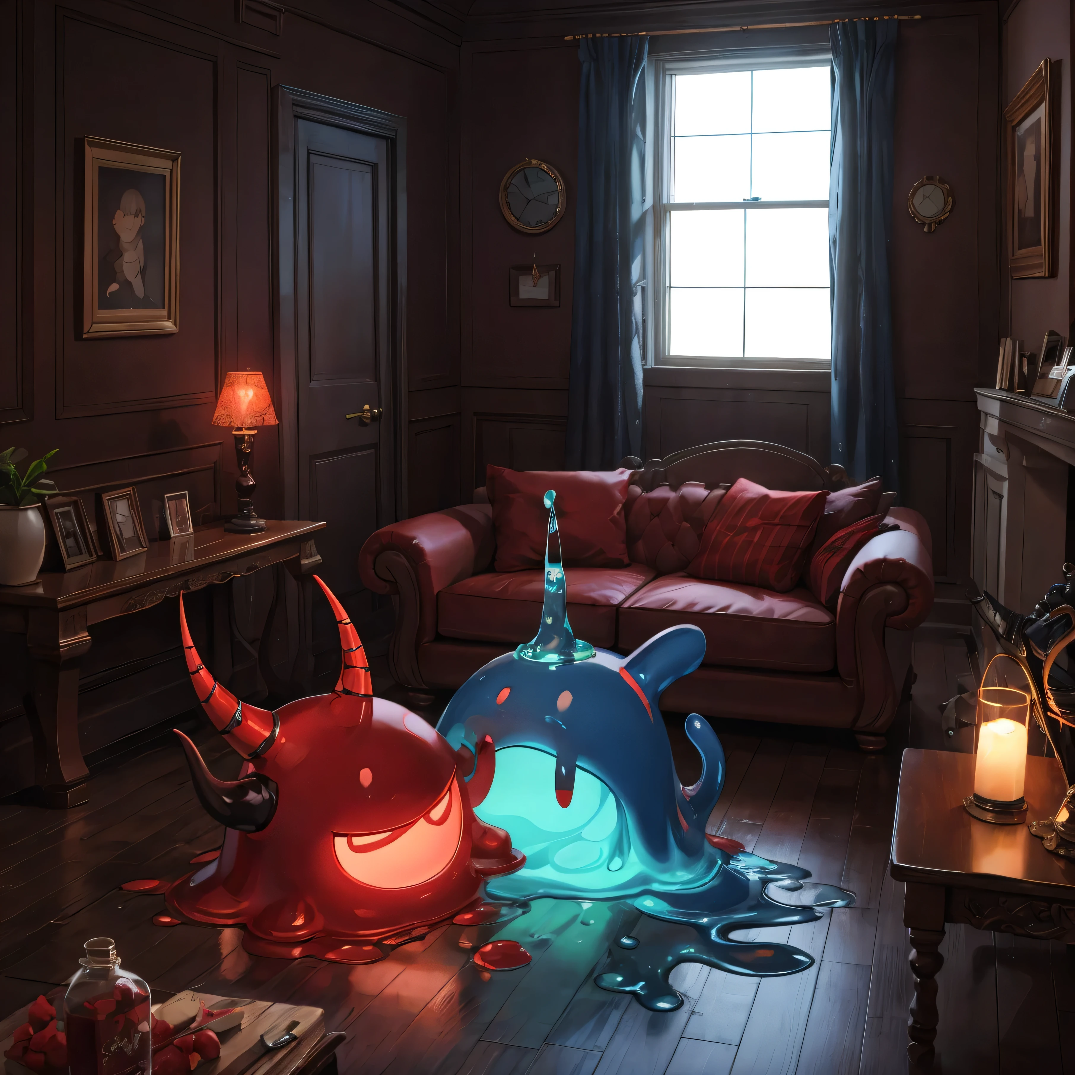 Slime with horn, red glowing, living room, crimson room,