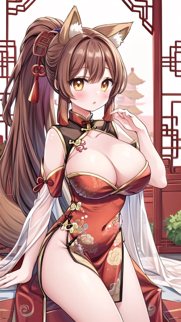 One girl, ((China dress)),Long Hair, Brown Hair, ponytail,Fox Ears, Large Breasts, Estrus,sexy