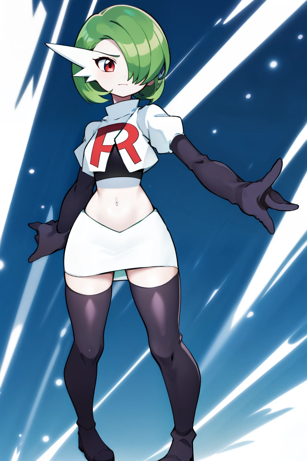 masterpiece, best_quality, 1girl, solo, gardevoir, creatures \(company\), game freak, nintendo, pokemon, pokemon \(game\), bangs, colored skin, female focus, gen 3 pokemon, green hair, green skin, hair over one eye, multicolored skin, pokemon \(creature\), red eyes, short hair, two-tone skin, white skin, team rocket,team rocket uniform,white skirt,red letter R,crop top,black thigh-highs,black elbow gloves
