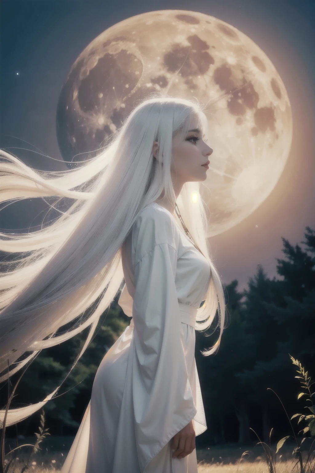 a woman in a white dress standing in the grass under a full moon, (view from below), moon goddess, beautiful face, detailed face, flowing white robes, with long white hair, a beautiful artwork illustration, beautiful character painting, white haired deity, flowing white hair, long flowing white hair, goddess of the moon, long glowing ethereal hair, flowing hair and long robes, profile view, side view