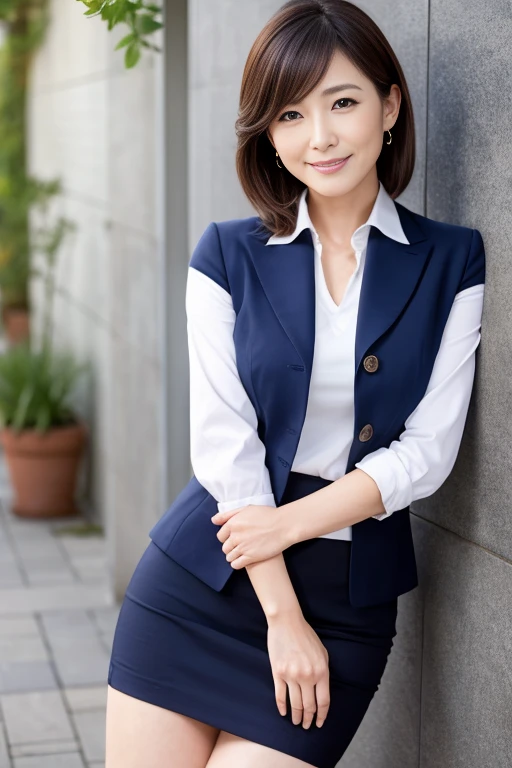 Beautiful Japanese Woman、Beautiful mature woman、Classy sex appeal、sexy、Cotton tight skirt、Perfect lighting、beauty、透明なbeauty、8KHigh resolution、Beautifully trimmed feet、beauty in natural light、High resolution、Realistic、masterpiece、Gravure quality、55-year-old Mrs.、Beautiful chest、Smiling Kindly、Smile、business suit、Leaning against a wall、Beautiful legs、Cotton tight skirt、Beautiful chest、