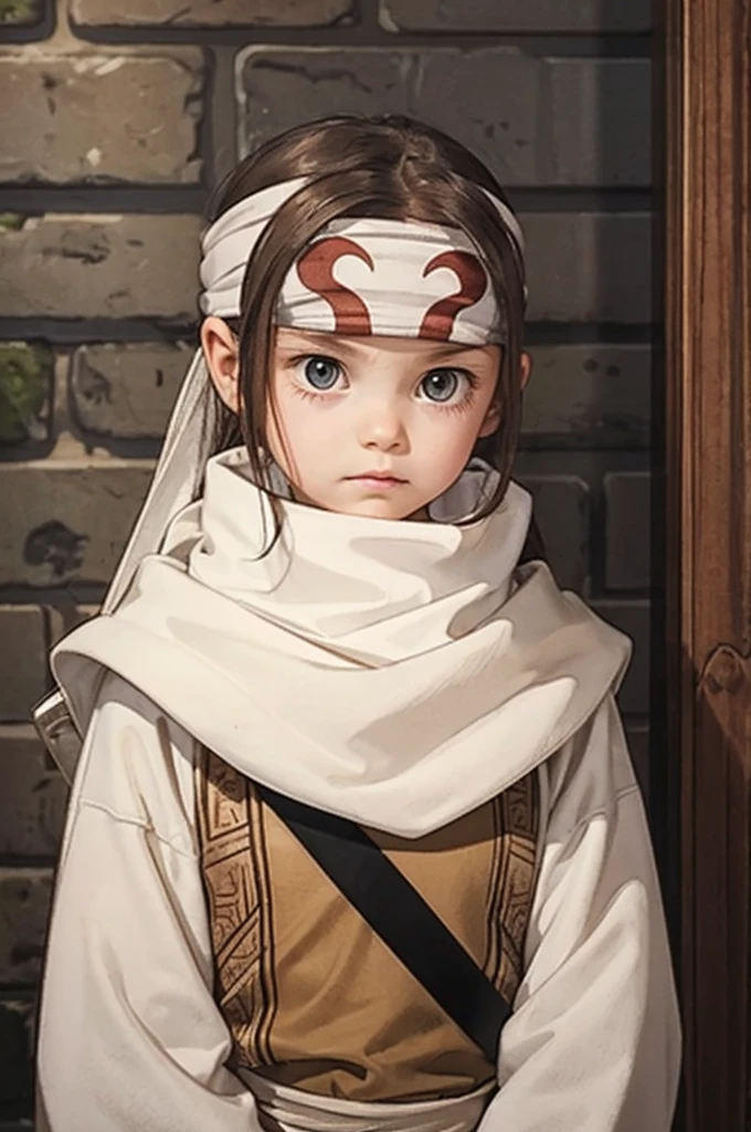 small child long hair standing cowl headband on forehead small room guarding protecting standing next to wall watching area no emotions sword on her back