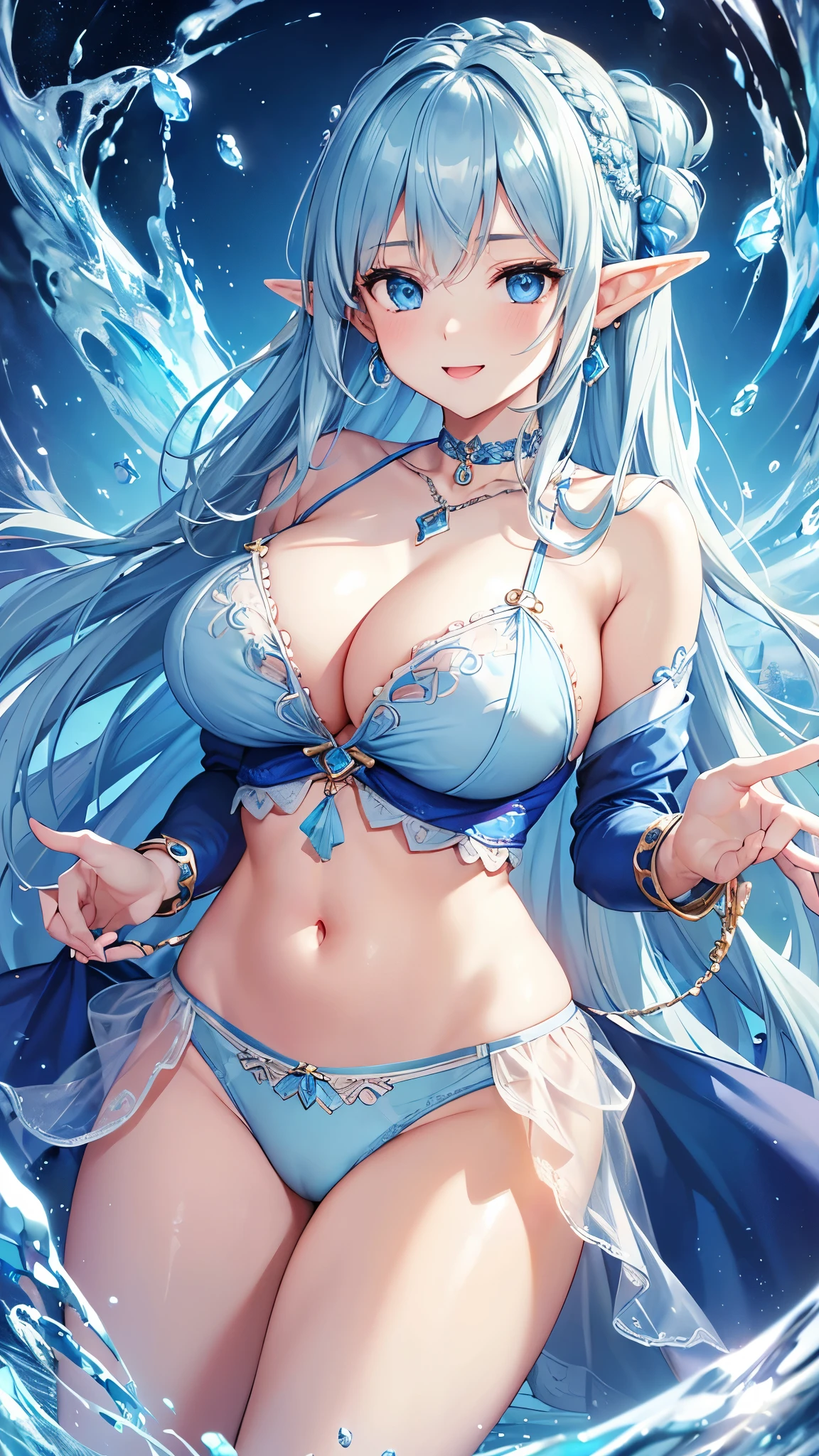 Highest quality、Highest quality、masterpiece、(8k resolution),beauty(Age 25)、(Mature Appearance)、Light blue long hair(Braiding of sides)、blue eyes、(Light blue underwear with detailed embroidery)、(Elf)、Big cleavage、((Very large breasts))、smile、blue necklace、Blue Earrings、background(ice)、Please open your mouth wide、bracelet、Dynamic pose、Blue choker、
