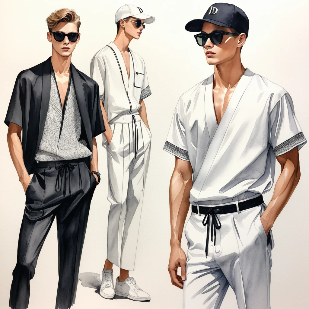 candid fashion illustration of young 3man , aged 23 year old, tall and slender, male super model, ((showcase fashion in a Trible cotton outfits)), clothes inspired by Christian Dior collection, in elegant modern style with ((ethnic woven details)). The 1st man wears an oversized shirt with Trible embroidery and lace details, paired with slim-fit Pants, semi hard bugle, The 2nd man complements him in a white lace shirt, paired with white Drawstring short pants, 3rd man wears an oversized Yukata with short-sleeved white shirt, lace details, relaxed-fit white hammer Pants, side entry pockets, all completes the look with white sneakers, sunglasses, staew hat, Captured in a ((full-body pose)), ((simple water-color on white paper background)), realistic pencil lines, imperfect drawing, charcoal lines detail, fading sketch, fashion Sketching, low angle view,