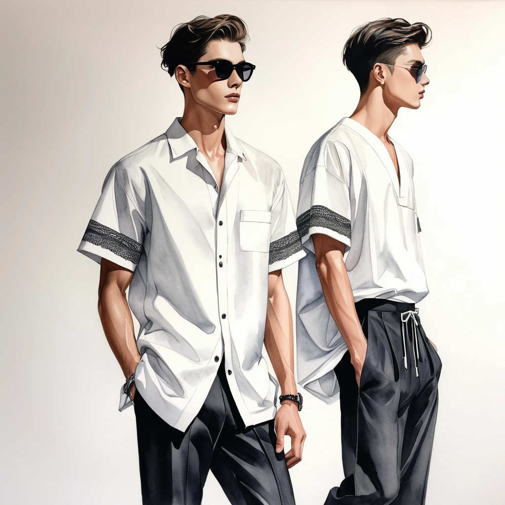 candid fashion illustration of young 3man , aged 23 year old, tall and slender, male super model, ((showcase fashion in a Trible cotton outfits)), clothes inspired by Christian Dior collection, in elegant modern style with ((ethnic woven details)). The 1st man wears an oversized shirt with Trible embroidery and lace details, paired with slim-fit Pants, semi hard bugle, The 2nd man complements him in a white lace shirt, paired with white Drawstring short pants, 3rd man wears an oversized Yukata with short-sleeved white shirt, lace details, relaxed-fit white hammer Pants, side entry pockets, all completes the look with white sneakers, sunglasses, staew hat, Captured in a ((full-body pose)), ((simple water-color on white paper background)), realistic pencil lines, imperfect drawing, charcoal lines detail, fading sketch, fashion Sketching, low angle view,