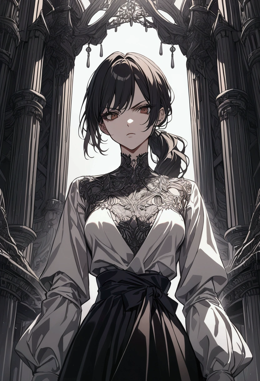 anime girl, black hair, hair in a ponytail, brown eyes, white shirt, half-loose tie, neck tattoo, serious expression, ultra quality, ultra detailed, detailed eyes, dark colors. elegant, stritorium 