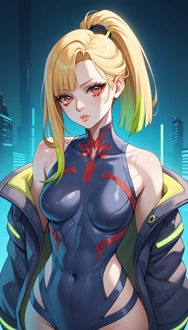 1 Girl, Medium Breasts, Golden Yellow Hair, Light Green Highlights In The hair, Red Eyes, Nice Eyes, Ponytail Hair Style, Freckles, Nice Lips, Nice Nose, Pale White Skin, Smooth Skin, Cyberpunk Style, Cyberpunk Clothes, NIghtcity Background, Neon Colors,