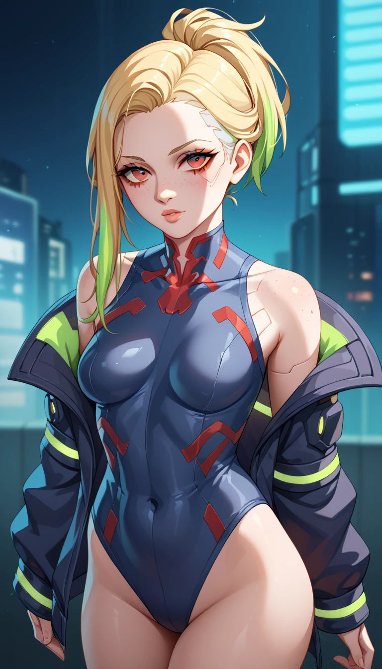 1 Girl, Medium Breasts, Golden Yellow Hair, Light Green Highlights In The hair, Red Eyes, Nice Eyes, Ponytail Hair Style, Freckles, Nice Lips, Nice Nose, Pale White Skin, Smooth Skin, Cyberpunk Style, Cyberpunk Clothes, NIghtcity Background, Neon Colors, 