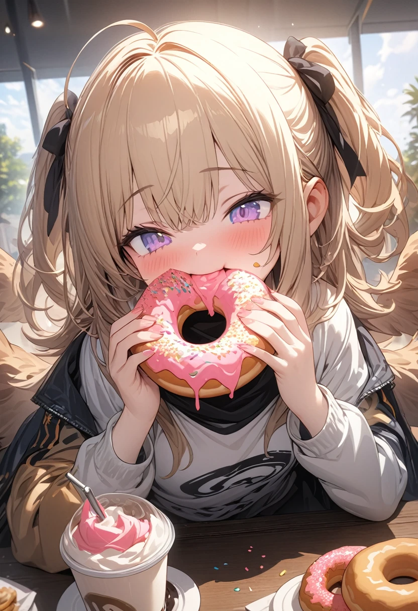 (eating donut), (masterpiece:1.2), 最high quality, high quality, (Super detailed), 4K, High resolution, Highly detailed CG, (morsel, satisfaction, content, Grab and eat, donut),