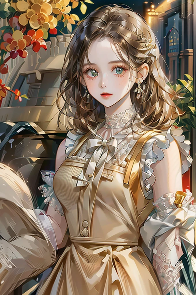 ((Highest quality)),(Ultra-high resolution),(Very detailed),(Detailed Description),((The best CG)),(masterpiece),Ultra-detailed art,Amazing drawing art,(Art with precise detail:1.5), (A woman wearing a white sleeveless blouse with lace:1.4),Lace choker:1.4,Earrings,Straight pants:1.4, Sunny European cityscape:1.6