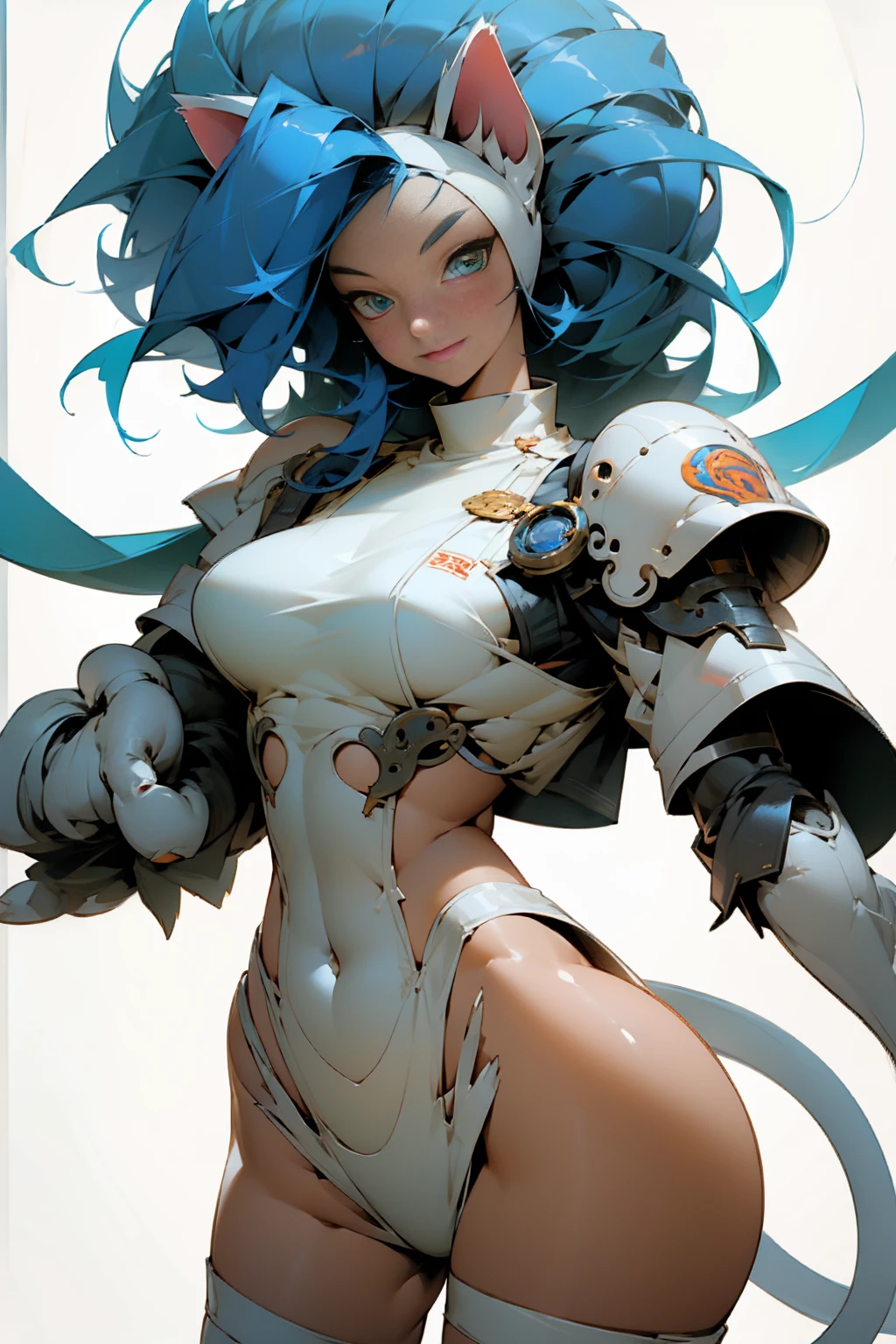 ((Masterpiece, Best Quality, anime style)), Felicia, Blue hair, Green eyes, cat eyes, Cat tail, busty, big breasts, big ass, happy, smile, sexy bikini armor, gauntlets armors, graves armors, lewd, in a medieval city, illustration, ultra-detailed 8K, clear focus, highly detailed, professional lighting, colorful details, colors BREAK,