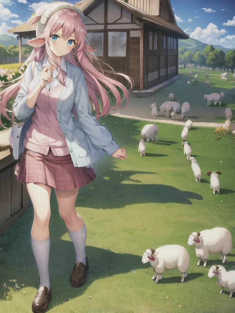 masterpiece, Highest quality, 8k, (Detailed pixel art), Vivid, woman, 若いwoman, smile, cute, Directed at an angle, Open your mouth, Fluffy hair, Long Hair, Hair like sheep's hair, Pink Hair, eyebrow, 太いeyebrow, one piece, Pink clothes, Long skirt, cardigan, 水色のcardigan, shoes, 茶色いshoes, ((Leading the sheep to the shed, Detailed sheep)), grassland