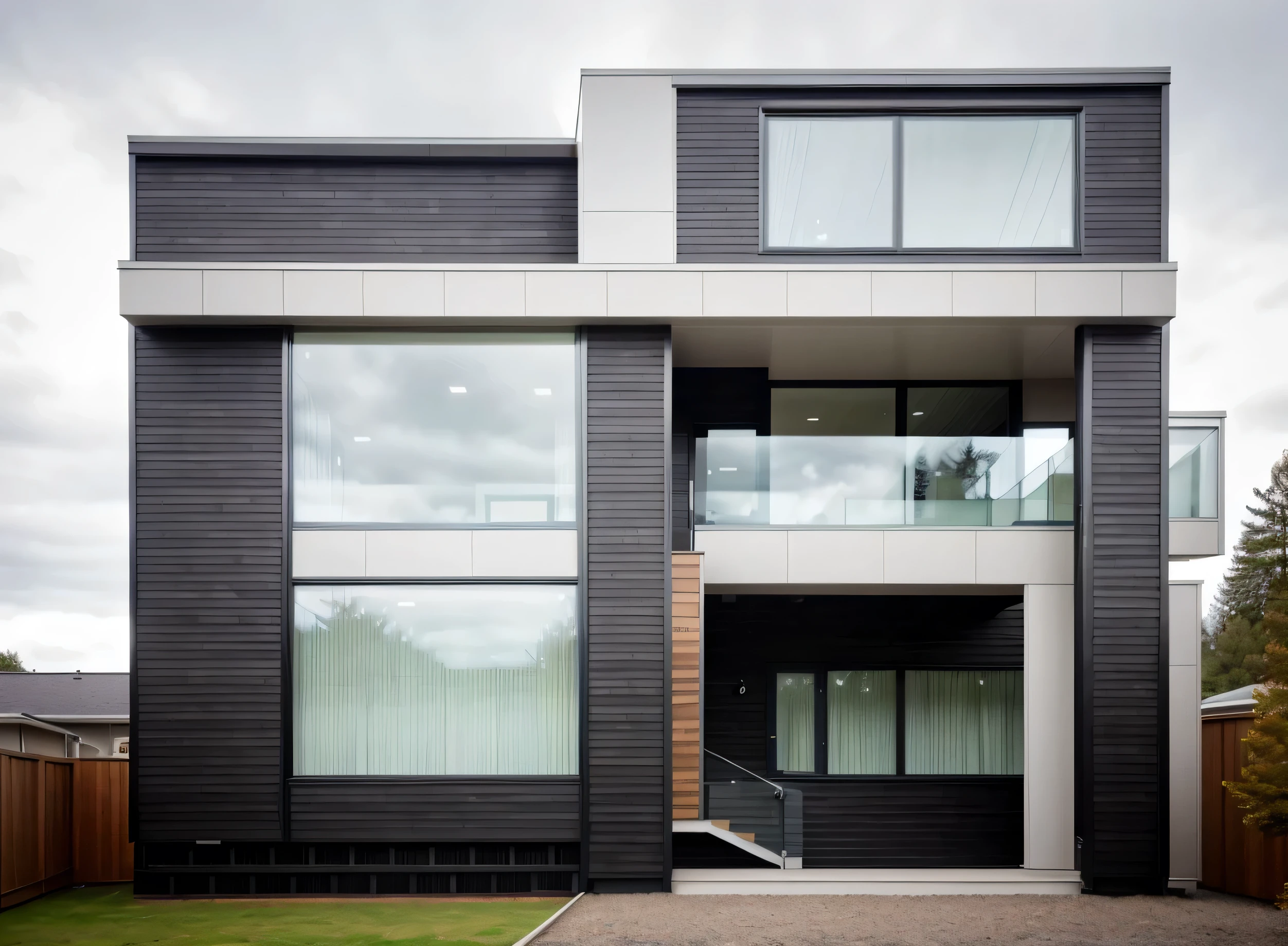 house exterior contemporary style, modernism, glass doors and windows,black metal rail, conwood ceilling, masterpiece, highquality, realistic photo, canon eos 5D mark, natural light, 