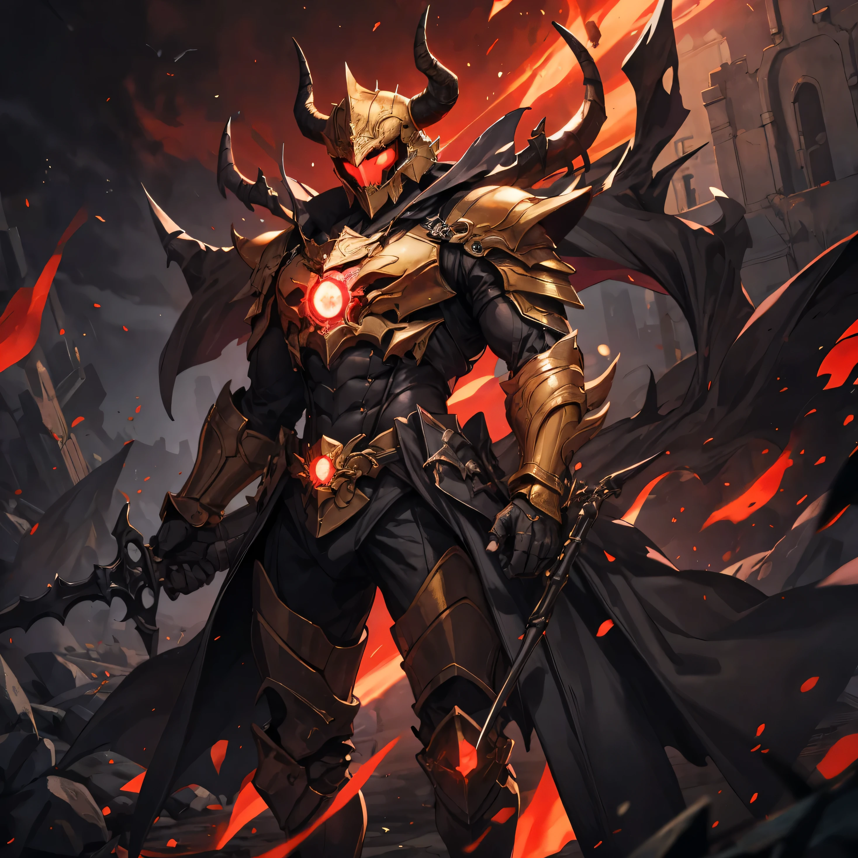 monster, golden armor, helmet with horns, red glowing