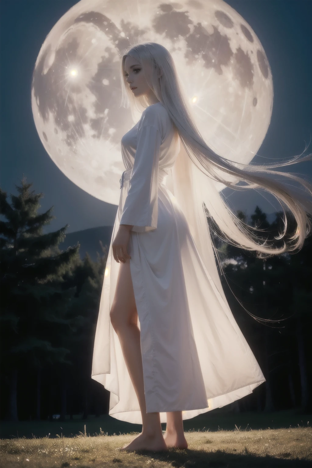 a woman in a white dress standing in the grass under a full moon, (view from below), (full body portrait), (bare feet), moon goddess, beautiful face, detailed face, flowing white robes, with long white hair, a beautiful artwork illustration, beautiful character painting, white haired deity, flowing white hair, long flowing white hair, goddess of the moon, long glowing ethereal hair, flowing hair and long robes, profile view, side view