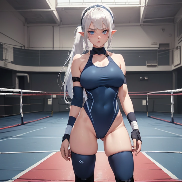 (Absurdres, best high quality, best high quality and very detailed features and textures, alone solo character)
{{(22 years old silver haired half-elf girl: (face freckles, pale skin, silver hair tied in two high-twintails, beautiful blue eyes, very thin lips, voluptuous body, big breasts, beautiful feminine arms, beautiful feminine legs, big butt, serious face, cute feminine, standing on offensive position), (dark blue wrestling singlet outfit, elbow pads, wrestler wristbands, kneepads, black wrestling medium boots), (pale-grey gym walls, white wrestling ring, white mat, white turnbuckles, white ropes, dark blue gym floor), (wrestling class, no people around))}}