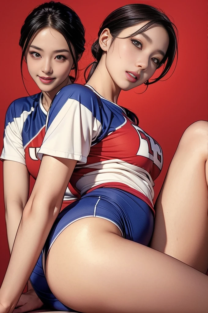 (masterpiece, best quality, 8k wallpaper, high resolution, ultra-realistic) Two women, Japanese girls, 18 years old, long hair and short hair, duo, sunglasses, red long scarf around neck, (masterpiece: 1.2, best quality), (realistic, photorealistic: 1.4), (masterpiece, best quality), looking at you, navy blue school swimsuit, cleavage, D cup, sexy pose, kenpo pose, full body, best proportions, white skin, black hair, looking forward, smiling, 1970s sunglasses, psychedelic background