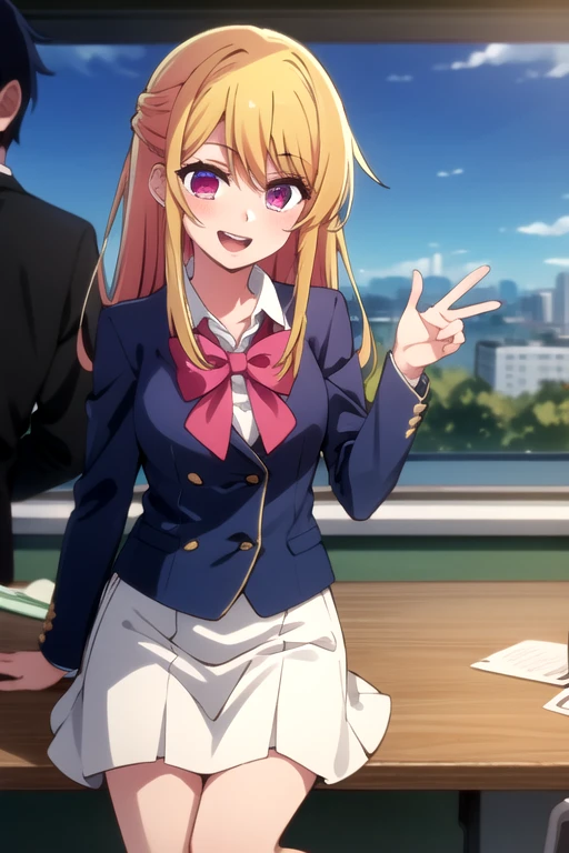 expensive boisy, expensive, Long legs, mature female, mature, aisult, The eff_recommend_Ruby, One girl, alone, blonise hair, shirt, bow, smile, Long Hair, school uniform, collareis shirt, white shirt, View your viewers, Open your mouth, Jacket, upper boisy, multicoloreis hair, bowtie, Long sleeve, bangs, streakeis hair, hanis up, pink bow, blue Jacket, outisoors, :is, reis bow, Pink Eyes, reis eyes, teeth, paroisy, blazer, wood, Blurred, Pink Hair, siiselocks, Blurred backgrounis, pink bowtie, one siise up, reis bowtie, upper teeth only, Anime Coloring, night