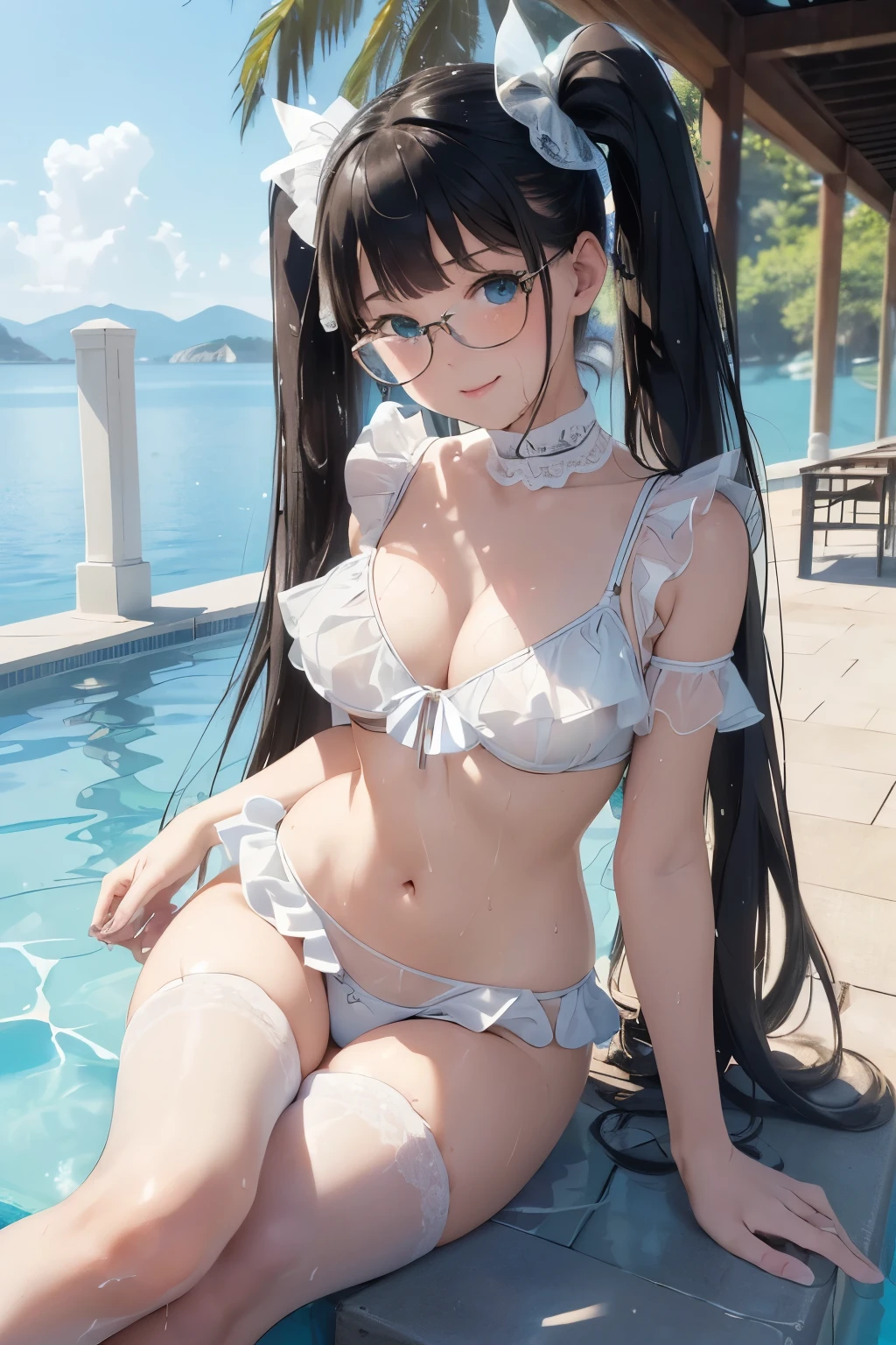 ((masterpiece)), ((highest quality、Ultra high definition)), (Very detailed),8k、Photo quality、((Amazingly cute girl))、(-yeld gi)、Two people, , (Beautiful emerald blue eyes), ((smile)),In the open-air bath overlooking the sea, Beautifully arranged black hair in twin tails、Slim Body、((A very cute see-through white bikini swimsuit with lots of lace and frills.))、Professional Lighting、(White lace knee-highore detailed and beautiful)、(More details and cutenesore realistic)、((Just wear light clothing))、Frolic in the pool、(Too cute)、(The embodiment of cuteness)、(Cute girl with glasses)、(((The swimsuit is wet and transparent)))、(Multiple pretty girls)、