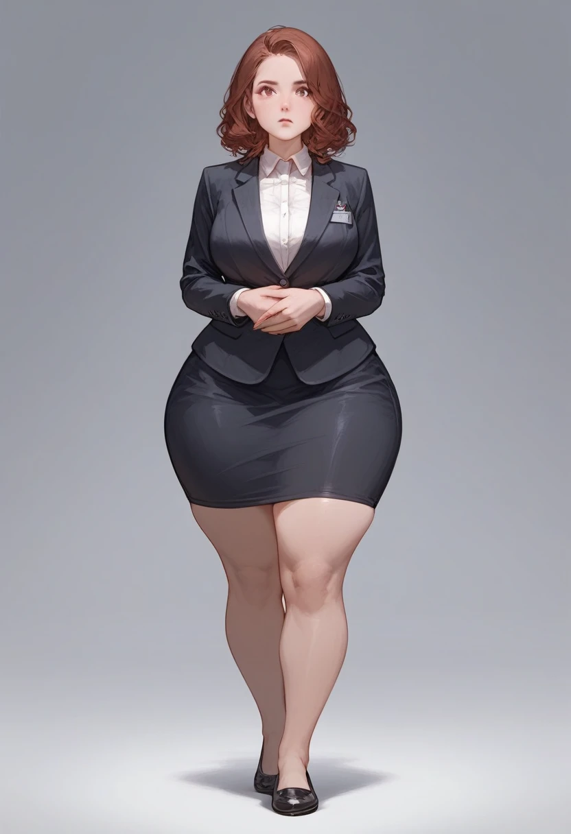 (score_9,score_8_up,score_7_up) 1lady, pale, solo, mature female, (reddish brown medium hair), wavy hairstyle, rosy cheeks, (suit), tight black blazer, (tight pencil_skirt), blank expression, pale, ((thick thighs)) ((flatshoes, black footwear))  ((wide hips)) standing upright, full body shown, busty, thick legs, thick thighs, massive thighs, big soft thighs, thick thighs pressed together, hourglass bodyfigure, staring at camera, facing forward, long fingernails, clear nail polish detailed face, staring, detailed hands, realistic