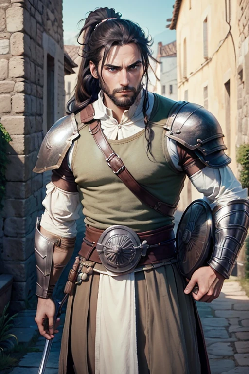 30 year old man, ponytail hair, greeneyes, serious expression, muscled body, trajes de gladiador, holding an epée, medieval village.