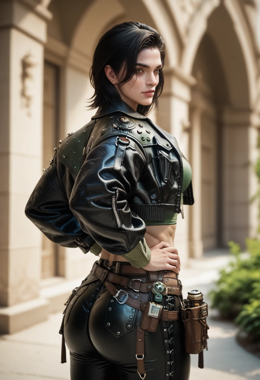 Freyna, 22 years old woman, short black hair, medium breasts, green top, black cropped jacket, black tight leather pants, big ass, fit toned body, holsters, belts,