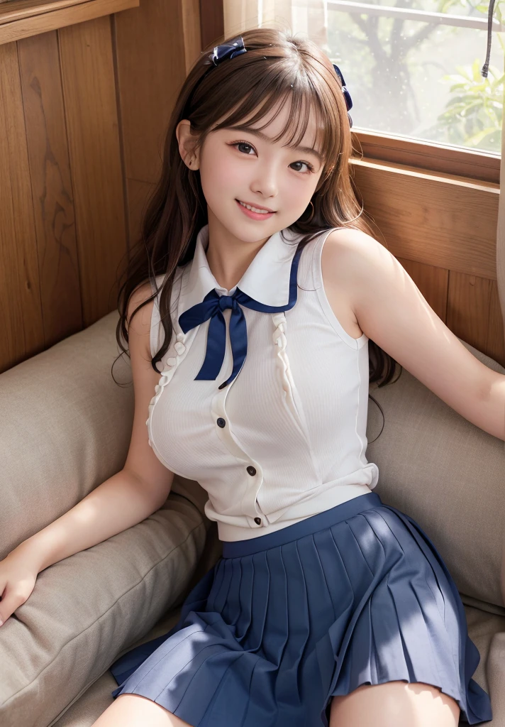 (Highest quality,masterpiece:1.3,Ultra-high resolution),(Very detailed、Caustics) (Realistic:1.4, RAW shooting、)Ultra-Realistic Capture、Very detailed、Natural skin texture、masterpiece、(A Japanese elementary school girl wearing a white sleeveless shirt with a navy blue ribbon collar and buttons on the chest, and a pleated skirt:1.3), Adorable expression、Expressions of happiness、、height: 145cm、Baby Face、Amazingly cute、Curly Hair、Scrunchie、Black Hair、light makeup、(Big Breasts:1.2)、Shining thighs、Background details、smile、An inviting gaze、Anatomically correct、、Attention to detail、(Lying on her back on the sheets in a private room at a sex shop)、(Open your legs wide to the sides:1.2)、White panties are visible、(Tight shirt:1.3)、(Erect nipples:1.2)、(Flip up the skirt:1.2)、