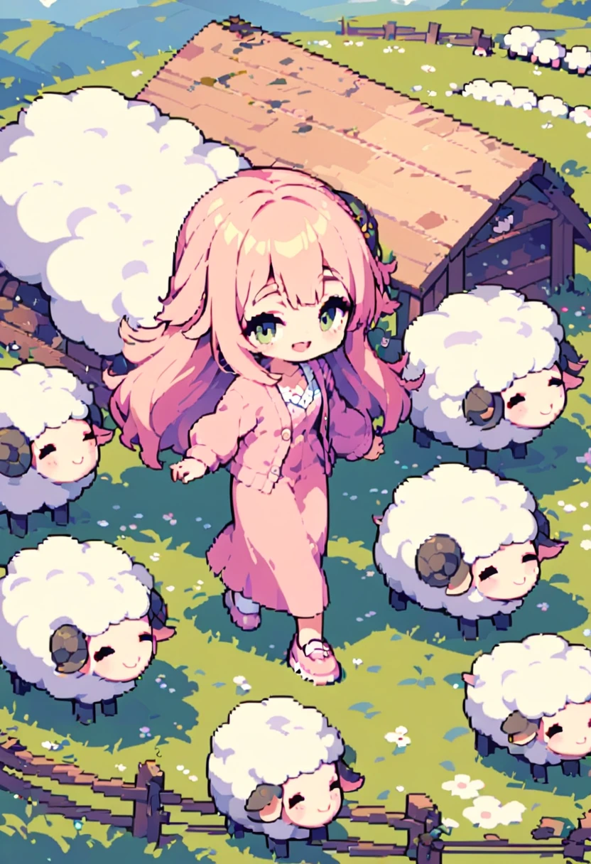 masterpiece, Highest quality, 8k, (Pixel Art), Vivid, woman, 若いwoman, smile, cute, Directed at an angle, Open your mouth, Fluffy hair, Long Hair, Hair like sheep's hair, Pink Hair, eyebrow, 太いeyebrow, one piece, Pink clothes, Long skirt, cardigan, 水色のcardigan, shoes, 茶色いshoes, ((Leading the sheep to the shed, Detailed sheep)), grassland