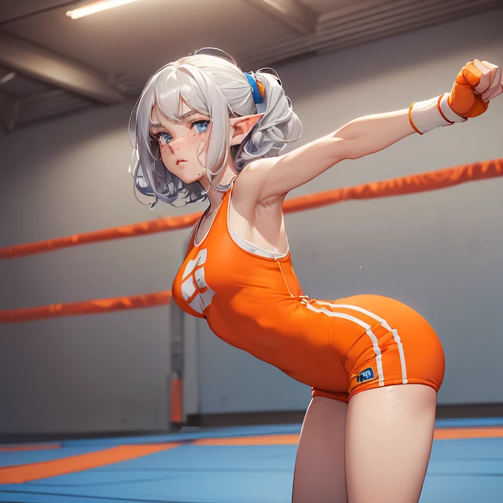 (Absurdres, best high quality, best high quality and very detailed features and textures, alone solo character)
{{( silver haired half-elf girl: (face freckles, pale skin, silver very short curly hair, beautiful blue eyes, very thin lips, nice teenage bodydium breasts, beautiful feminine arms, beautiful feminine legs, big butt, serious face, cute feminine, standing on offensive position), (orange wrestling singlet outfit, orange elbow pads, blue wrestler wristbands, orange kneepads, blue wrestling medium boots), (pale-grey gym walls, white wrestling ring, white mat, white turnbuckles, white ropes, dark blue gym floor), (wrestling class, no people around))}}